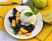 Lime ice cream with mango and blueberry salad