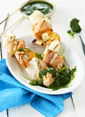 Fish kebabs with herb salsa