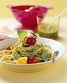 Linguine with lettuce pesto and cherry tomatoes