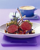 Lamb chops with herb crust on lavender ratatouille