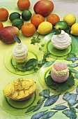 Four different fruit sorbets in hollowed-out fruit