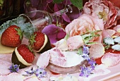 Strawberries in marzipan & chocolate, edible flowers in sugar