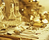Silver cutlery, silverware and glass carafes