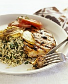 Grilled chicken breast with rice and vegetables