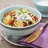 Pasta salad with vegetables and yogurt