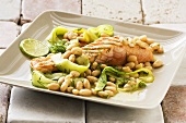 Salmon with a bean and cucumber salad