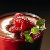 Chocolate mousse with raspberries and mint (close-up)