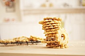 A stack of shortbread rings on a wire rack