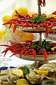 Cooked crayfish on a cake stand
