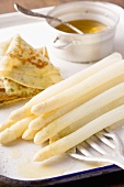 White asparagus with herb pancakes