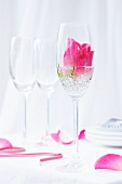 A rose in a champagne glass with decorative stones