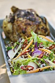 Roast chicken with rice and vegetable salad
