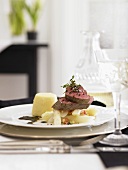 Veal fillet with scorzonera and semolina timbale