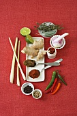Assorted spices, herbs, spice pastes, flavourings