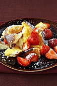 Scrambled curd cheese pancake with cranberries & strawberries