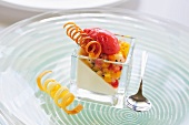 Panna cotta with exotic fruit salad and raspberry sorbet