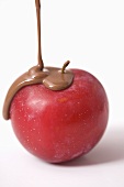 Chocolate being poured over a plum