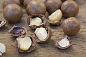 Macadamia nuts, unshelled and cracked open