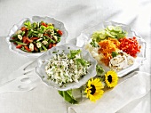 Bean and mushroom salad, kohlrabi salad and raw vegetables