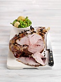 Roast leg of lamb, partly carved