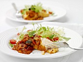 Steamed salmon with tomato sauce and salad leaves