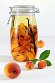 Home-made apricot liqueur in preserving jar