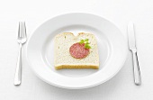 Salami and lovage on slice of white bread on white plate