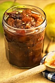 Apple and pear chutney in jar