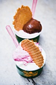Two tubs of Amarena ice cream, chocolate ice cream & wafers
