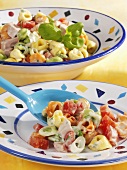 Colourful tortellini salad with tomatoes and bologna sausage