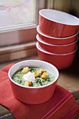 Spinach soup with nutmeg, yoghurt and croutons
