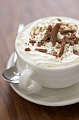 A cup of hot chocolate with cream