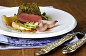 Loin of chamois with herb crust and Burgundy shallots
