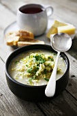 Savoy cabbage soup with garlic and rice
