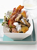 Fried ceps with peaches, bacon and thyme foam