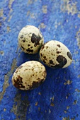 Three quails' eggs on blue background