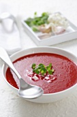 Tomato and beetroot soup with feta cheese and oregano