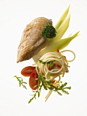 Low-fat diet: chicken breast, spaghetti, tomatoes, leeks