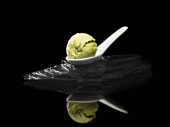 Green tea mint ice cream on spoon