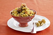 Saffron rice with aubergine and meatballs