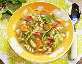 French vegetable soup with spiral pasta