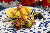 Asian chicken skewers with pineapple, shiitake mushrooms, chilli