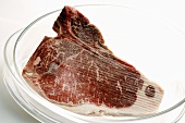 Frozen T-bone steak in a glass dish