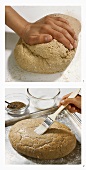 Kneading bread dough and brushing with milk