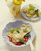 Heart-shaped ravioli with ricotta filling and tomato sauce