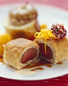Loin of venison in white bread crust with baked apple puree