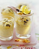 Passion fruit cakes with almonds & vanilla syrup in glasses