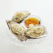 Oyster tempura with rice wine and soy sauce