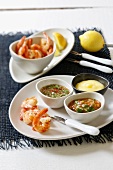 Grilled prawns with various dips