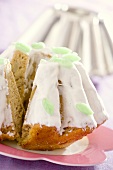 Polish Easter cake with icing and marzipan leaves